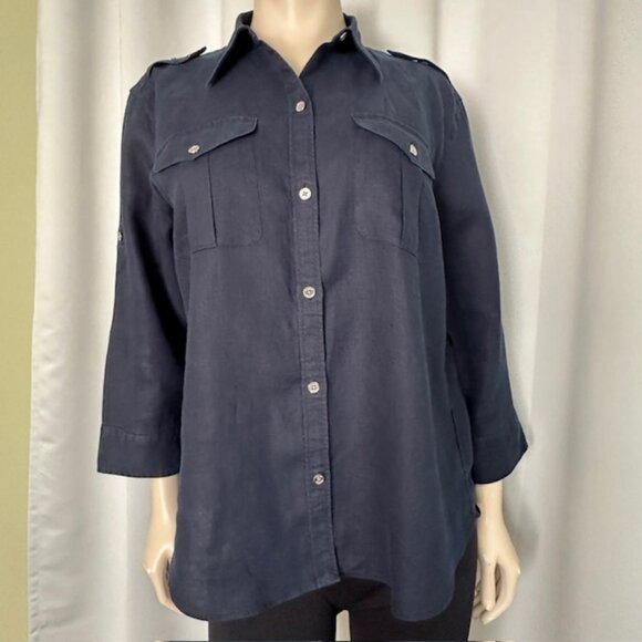 Chaps Linen Button down Shirt Navy Blue Career Preppy Academia Women Size XL - Picture 1 of 6